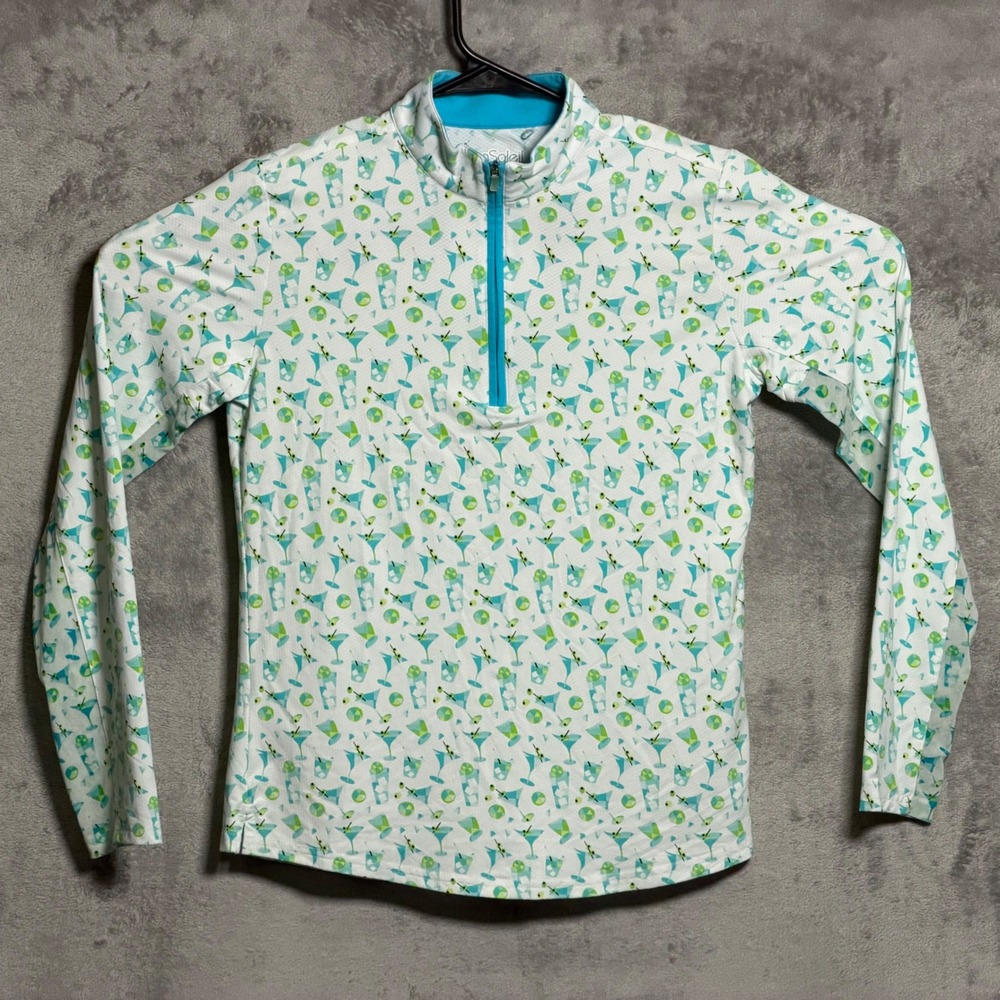 SanSoleil 1/4 Zip Pullover Women Small White Green Blue Shirt Martini Print Golf